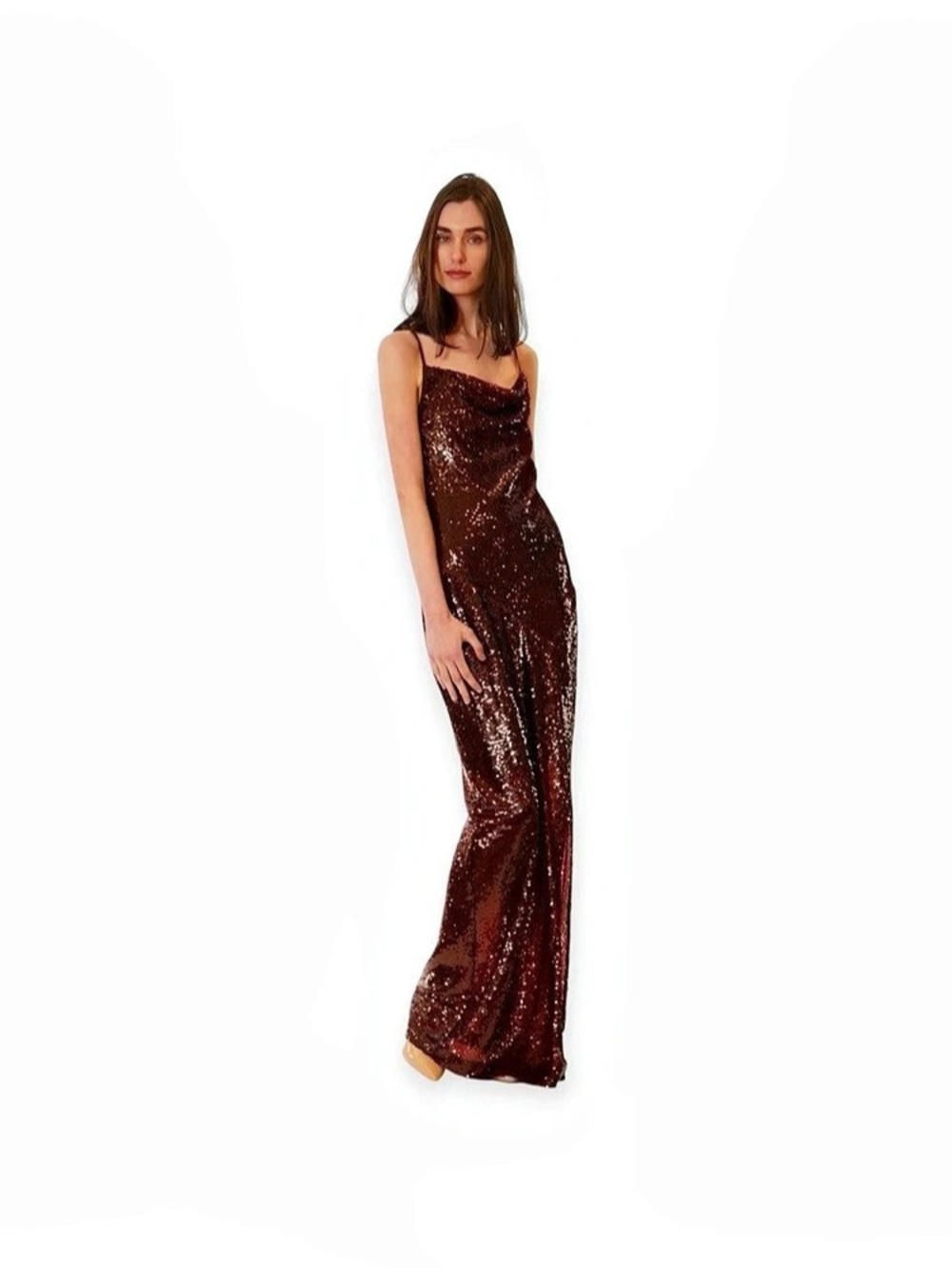 Julia Jordan Burgundy Sequin Cowl Neck Midi Slip Dress Front Slit Size 6 NWT